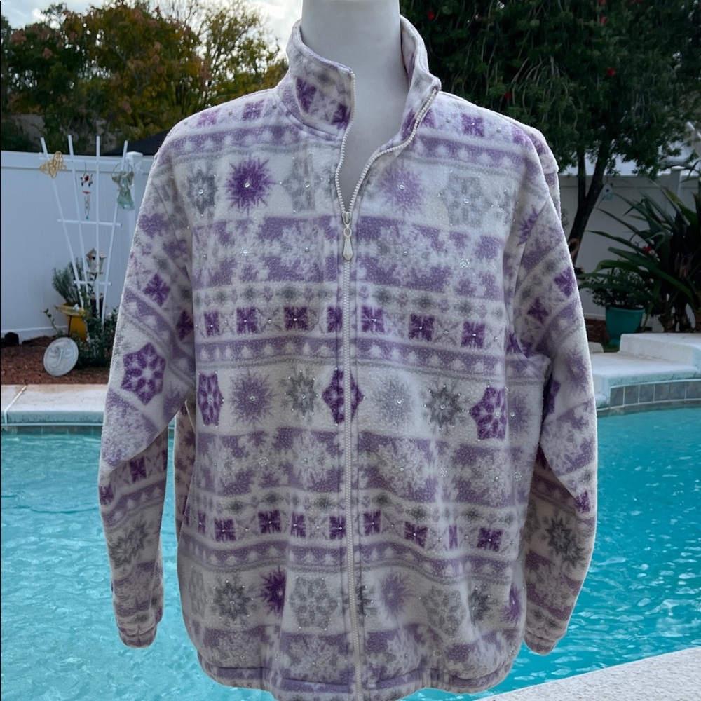 ALFRED DUNNER Vintage Fleece Jacket Retro Pattern Grey/Purple SZ: PL